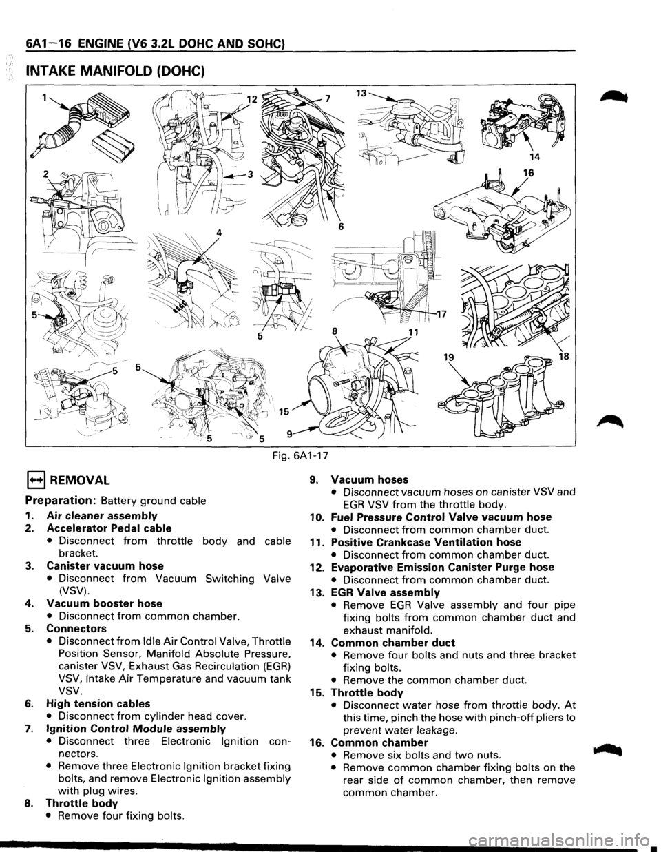 ISUZU TROOPER 1995 Manual PDF .,
6A1-16 ENGINE (V6 3.2L DOHC AND SOHC}
INTAKE MANIFOLD (DOHC)
Fig. 6A1-17
1••1 REMOVAL
Preparation: Battery ground cable
1. Air cleaner assembly
2. Accelerator Pedal cable
• Disconn ISUZU TROOPER 1995 Manual PDF .,
6A1-16 ENGINE (V6 3.2L DOHC AND SOHC}
INTAKE MANIFOLD (DOHC)
Fig. 6A1-17
1••1 REMOVAL
Preparation: Battery ground cable
1. Air cleaner assembly
2. Accelerator Pedal cable
• Disconn
