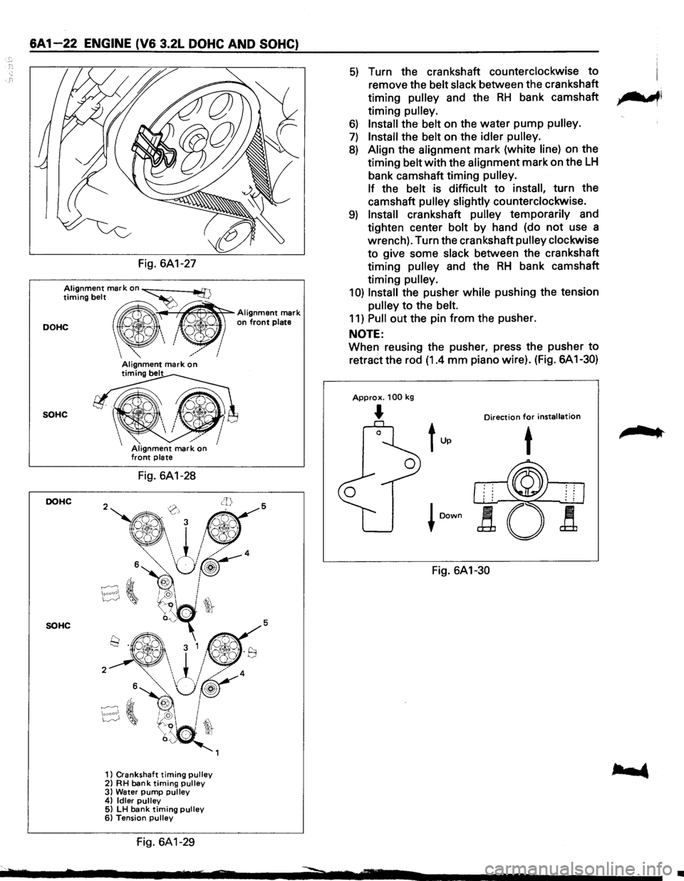 ISUZU TROOPER 1995  Workshop Manual &A 1-22 ENGINE (V& 3.2L DOHC AND SOHC) 
Fig. 6A1-27 
Alignment mark on ~ timing belt ~ 
DOHC "  on front plate 
~~
Alignment mark 
_"," 
SOHC 
DOHC 
SOHC 
/ Alignment mark on timing belt 
Fig. 6A1-2