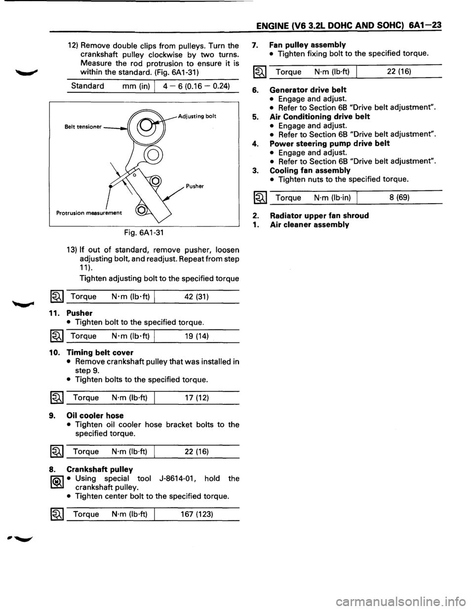 ISUZU TROOPER 1995  Workshop Manual 12) Remove double clips from pulleys. Turn the 
crankshaft 
pulley  clockwise by two turns. 
Measure  the rod  protrusion  to ensure 
it is 
within the  standard.  (Fig. 6A 1-31) 
Standard 
mm (in) I 