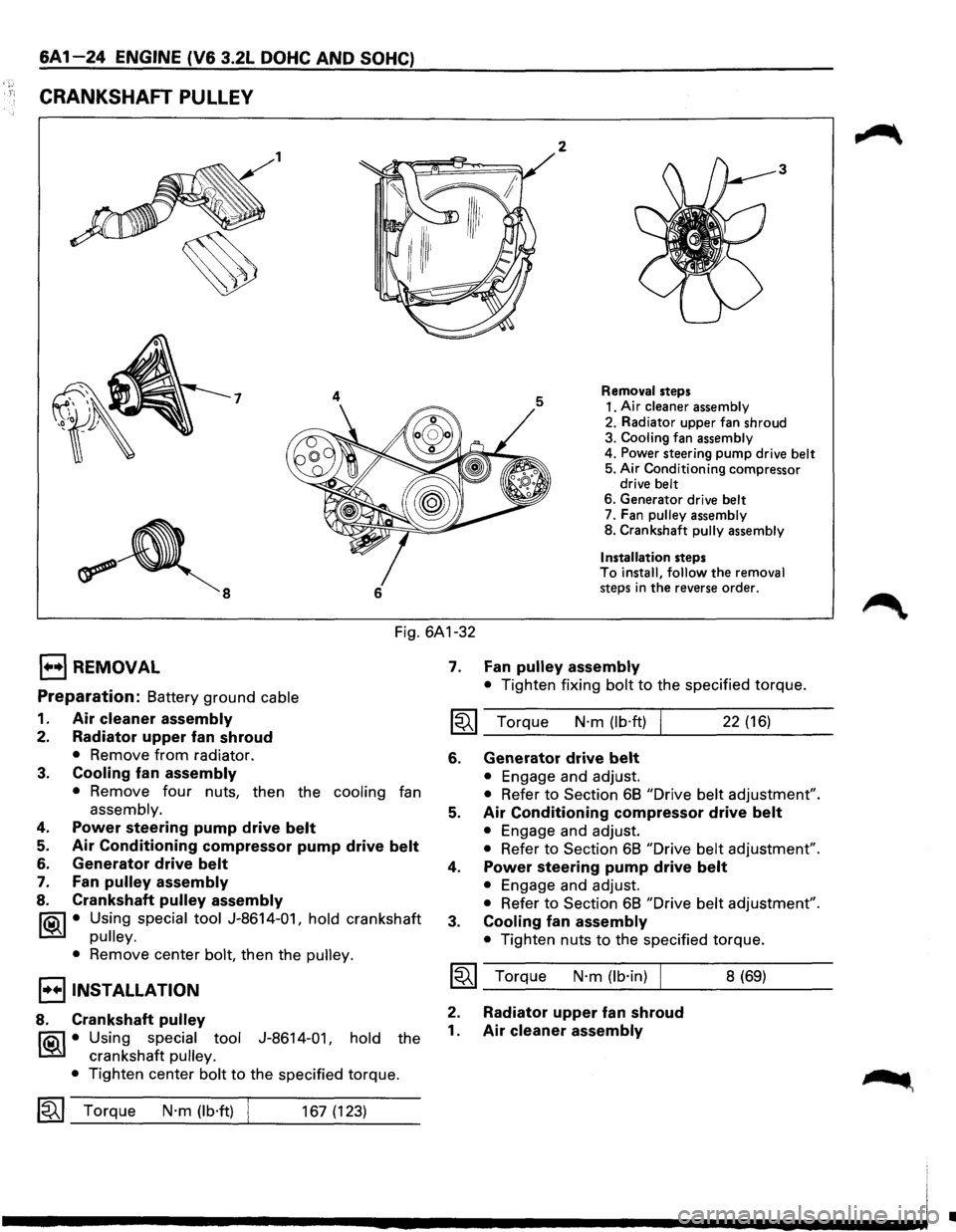 ISUZU TROOPER 1995 User Guide , r;
6A 1-24 ENGINE (V6 3.2L DOHC AND SOHC)
CRANKSHAFT PULLEY
1 2
7 4
6
3
Removal steps
1. Air
cleaner assembly
2. Radiator upper fan shroud
3. Cooling fan assembly
4. Power steering ISUZU TROOPER 1995 User Guide , r;
6A 1-24 ENGINE (V6 3.2L DOHC AND SOHC)
CRANKSHAFT PULLEY
1 2
7 4
6
3
Removal steps
1. Air
cleaner assembly
2. Radiator upper fan shroud
3. Cooling fan assembly
4. Power steering