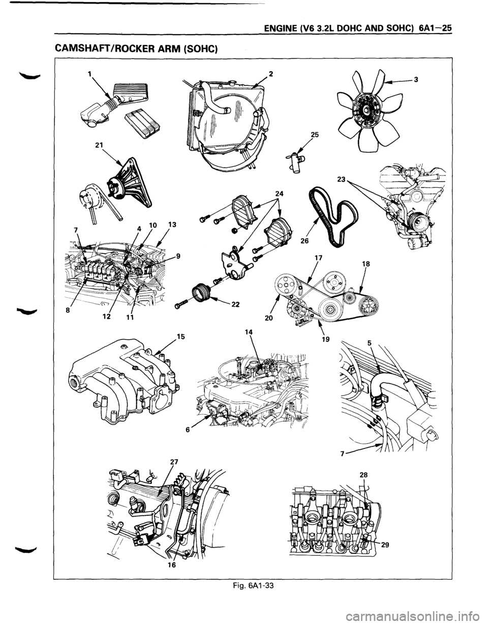 ISUZU TROOPER 1995 Workshop Manual ENGINE (V6 3.2L DOHC AND SOHC) 6A1-25
CAMSHAFT /ROCKER ARM (SOHC)
1
25
21
1{
24
10 13
17
12 11
14 19
6
27
28
16
Fig. 6A1-33 ISUZU TROOPER 1995 Workshop Manual ENGINE (V6 3.2L DOHC AND SOHC) 6A1-25
CAMSHAFT /ROCKER ARM (SOHC)
1
25
21
1{
24
10 13
17
12 11
14 19
6
27
28
16
Fig. 6A1-33
