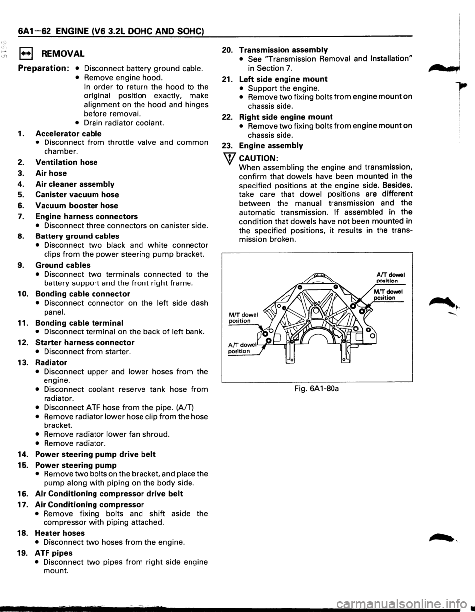 ISUZU TROOPER 1995 Service Manual .n 
6A1-62 ENGINE (V6 3.2L DOHC AND SOHC) 
E) REMOVAL 
Preparation: • Disconnect  battery ground  cable. 
• Remove  engine hood. 
In order to return the hood to the 
original  position  exactly, 