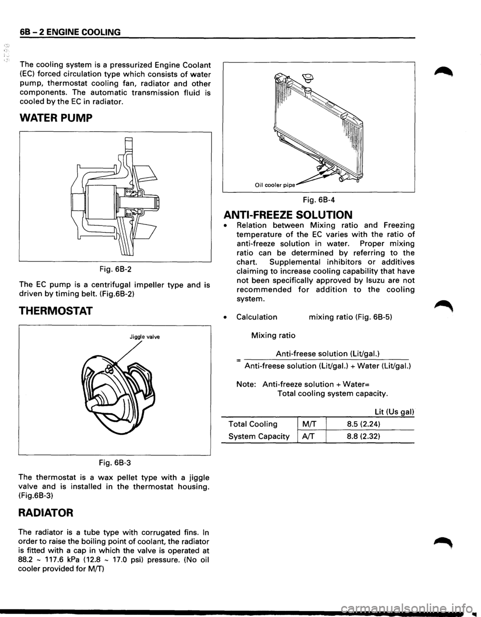 ISUZU TROOPER 1995 Workshop Manual 68 - 2 ENGINE COOLING
The cooling system is a pressurized Engine Coolant
(EC) forced circulation type which consists of water
pump, thermostat cooling fan, radiator and other
components. The au ISUZU TROOPER 1995 Workshop Manual 68 - 2 ENGINE COOLING
The cooling system is a pressurized Engine Coolant
(EC) forced circulation type which consists of water
pump, thermostat cooling fan, radiator and other
components. The au