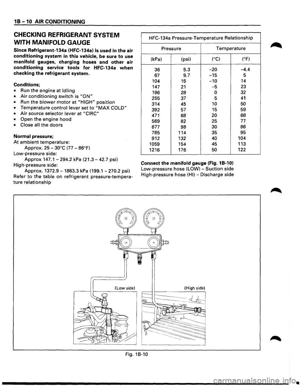 ISUZU TROOPER 1995 Workshop Manual 18-10 AIR CONDITIONING
CHECKING REFRIGERANT SYSTEM
WITH MANIFOLD
GAUGE
Since Refrigerant-134a (HFC-134a) is used in the air
conditioning system in this vehicle, be sure to use
manifold gauges, ISUZU TROOPER 1995 Workshop Manual 18-10 AIR CONDITIONING
CHECKING REFRIGERANT SYSTEM
WITH MANIFOLD
GAUGE
Since Refrigerant-134a (HFC-134a) is used in the air
conditioning system in this vehicle, be sure to use
manifold gauges,