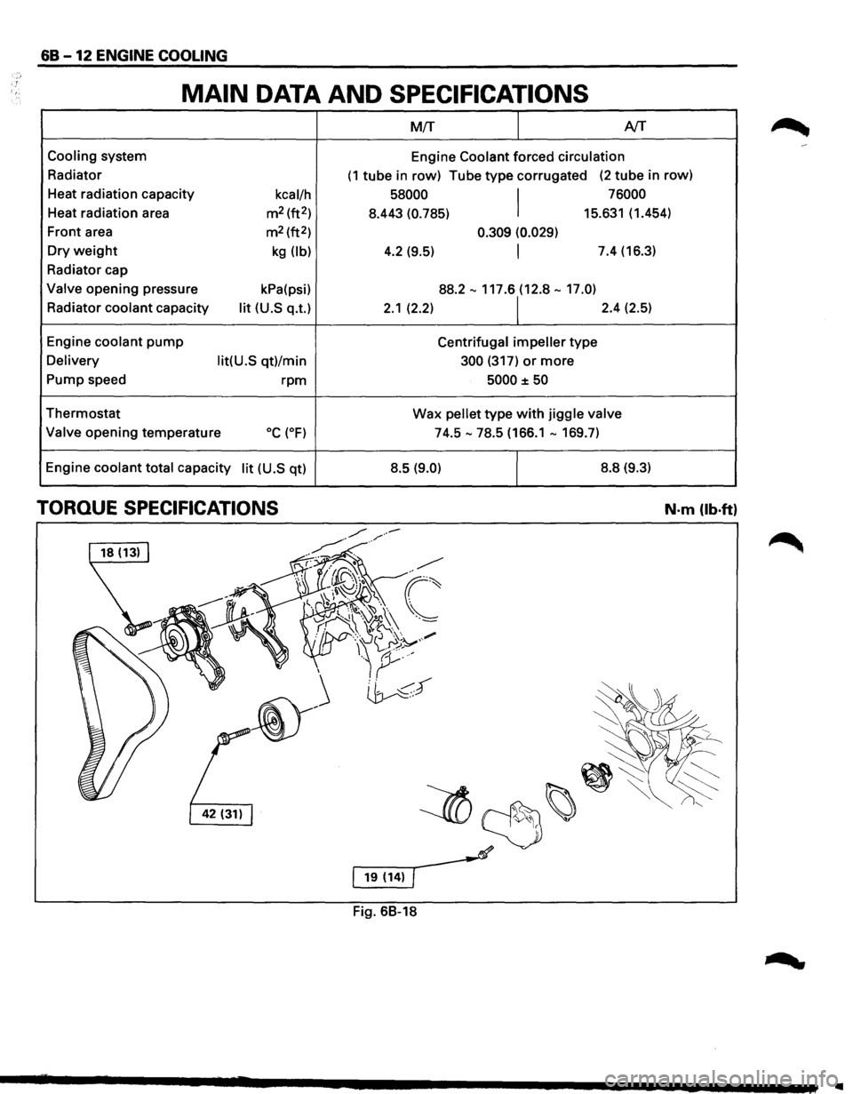 ISUZU TROOPER 1995 User Guide 68 -12 ENGINE COOLING
MAIN DATA AND SPECIFICATIONS
M!T I AfT
Cooling system
Engine Coolant forced circulation
Radiator (1 tube in row) Tube type corrugated (2 tube in row)
Heat radiation cap ISUZU TROOPER 1995 User Guide 68 -12 ENGINE COOLING
MAIN DATA AND SPECIFICATIONS
M!T I AfT
Cooling system
Engine Coolant forced circulation
Radiator (1 tube in row) Tube type corrugated (2 tube in row)
Heat radiation cap