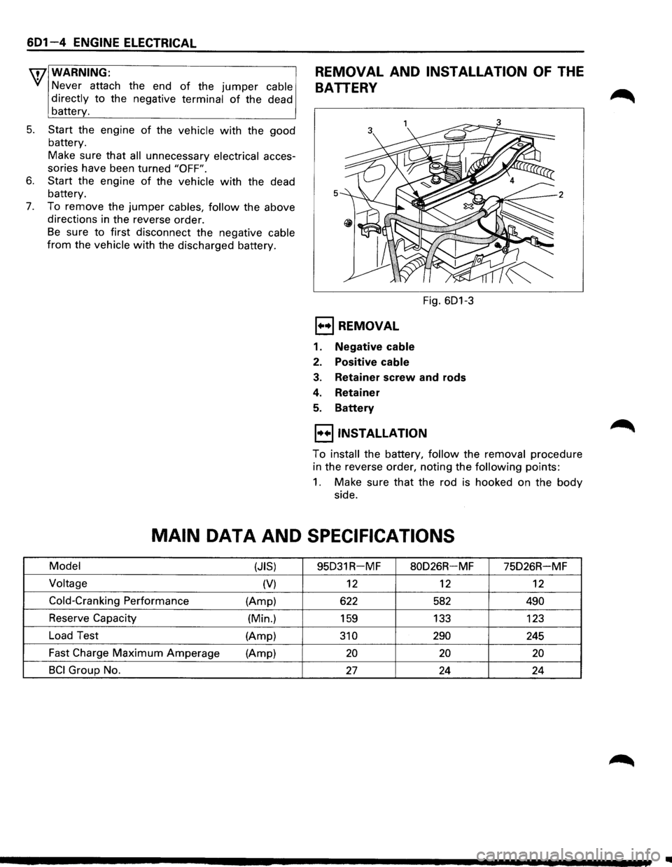 ISUZU TROOPER 1995 Workshop Manual 601-4 ENGINE ELECTRICAL
IT7 WARNING:
if Never attach the end of the jumper cable
directly
to the negative terminal of the dead
battery.
5. Start the engine of the vehicle with the good
bat ISUZU TROOPER 1995 Workshop Manual 601-4 ENGINE ELECTRICAL
IT7 WARNING:
if Never attach the end of the jumper cable
directly
to the negative terminal of the dead
battery.
5. Start the engine of the vehicle with the good
bat