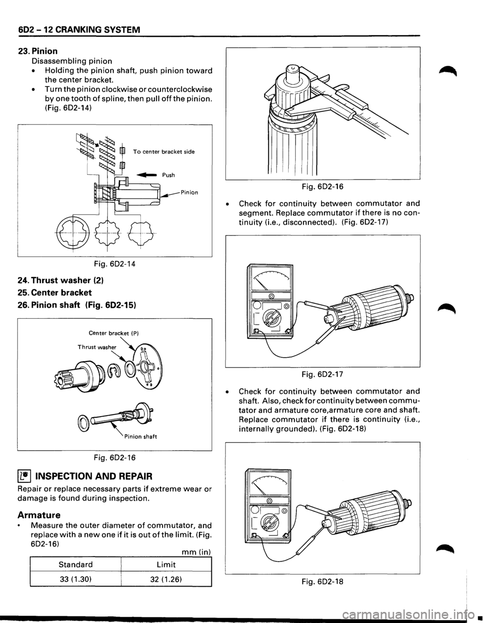 ISUZU TROOPER 1995 User Guide 602 -12 CRANKING SYSTEM
23. Pinion
Disassembling pinion
• Holding the pinion shaft, push pinion toward
the center bracket.
• Turn the pinion clockwise or counterclockwise
by one tooth of ISUZU TROOPER 1995 User Guide 602 -12 CRANKING SYSTEM
23. Pinion
Disassembling pinion
• Holding the pinion shaft, push pinion toward
the center bracket.
• Turn the pinion clockwise or counterclockwise
by one tooth of