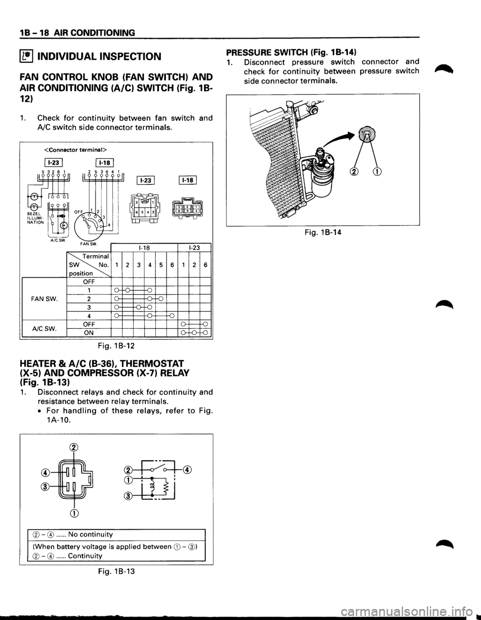 ISUZU TROOPER 1995 User Guide 18-18 AIR CONDITIONING
~ INDIVIDUAL INSPECTION
FAN CONTROL KNOB (FAN SWITCH) AND
AIR CONDITIONING (A/C) SWITCH (fig. 1 B-
12)
1. Check for continuity between fan switch and
AJC switch side con ISUZU TROOPER 1995 User Guide 18-18 AIR CONDITIONING
~ INDIVIDUAL INSPECTION
FAN CONTROL KNOB (FAN SWITCH) AND
AIR CONDITIONING (A/C) SWITCH (fig. 1 B-
12)
1. Check for continuity between fan switch and
AJC switch side con