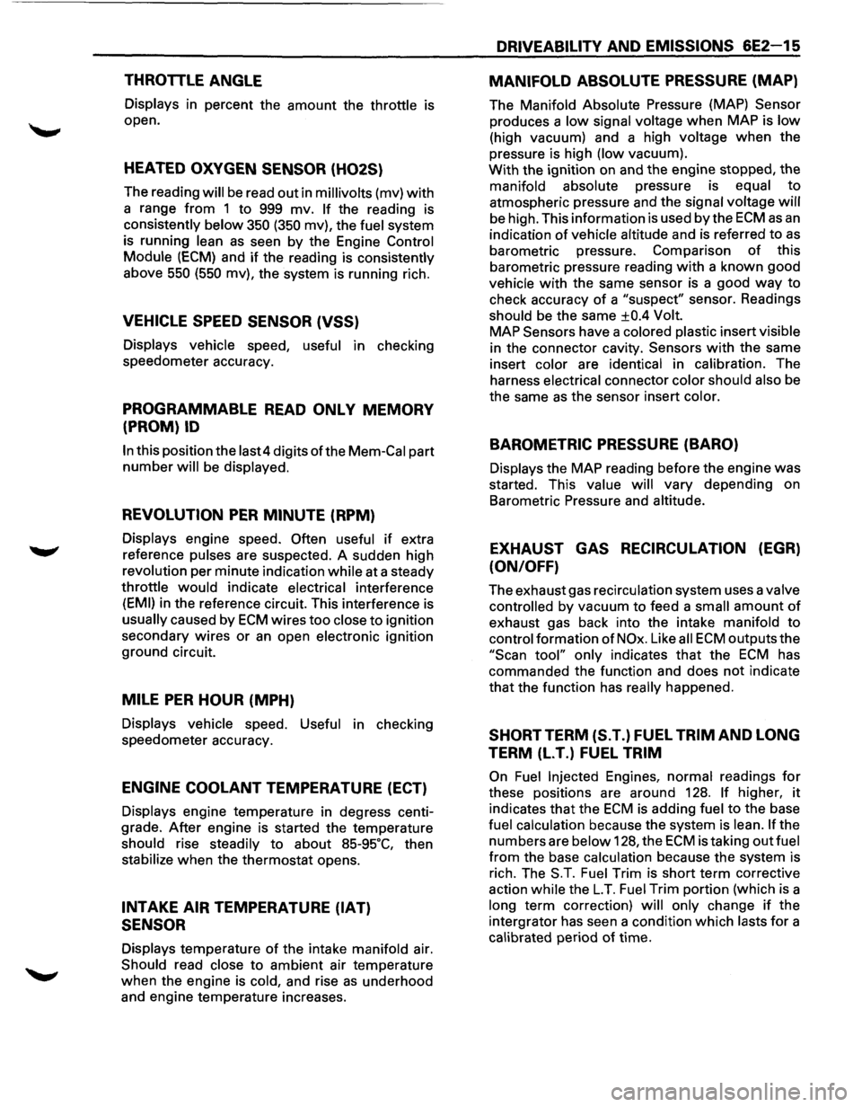 ISUZU TROOPER 1995 Owners Manual THROTTLE ANGLE
Displays in percent the amount the throttle is
open.
HEATED OXYGEN SENSOR (H02S)
The reading will be read out in millivolts (mv) with
a range from 1 to 999 mv. If the readin ISUZU TROOPER 1995 Owners Manual THROTTLE ANGLE
Displays in percent the amount the throttle is
open.
HEATED OXYGEN SENSOR (H02S)
The reading will be read out in millivolts (mv) with
a range from 1 to 999 mv. If the readin
