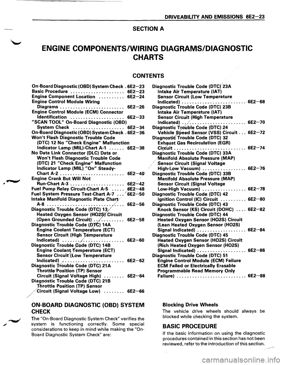ISUZU TROOPER 1995 Owners Guide DRIVEABILITY AND EMISSIONS 6E2-23
SECTION A
ENGINE COMPONENTS/WIRING DIAGRAMS/DIAGNOSTIC
CHARTS
CONTENTS
On-Board Diagnostic (OBD} System Check . 6E2-23
Basic Procedure . . . . . . . . . . . . ISUZU TROOPER 1995 Owners Guide DRIVEABILITY AND EMISSIONS 6E2-23
SECTION A
ENGINE COMPONENTS/WIRING DIAGRAMS/DIAGNOSTIC
CHARTS
CONTENTS
On-Board Diagnostic (OBD} System Check . 6E2-23
Basic Procedure . . . . . . . . . . . .
