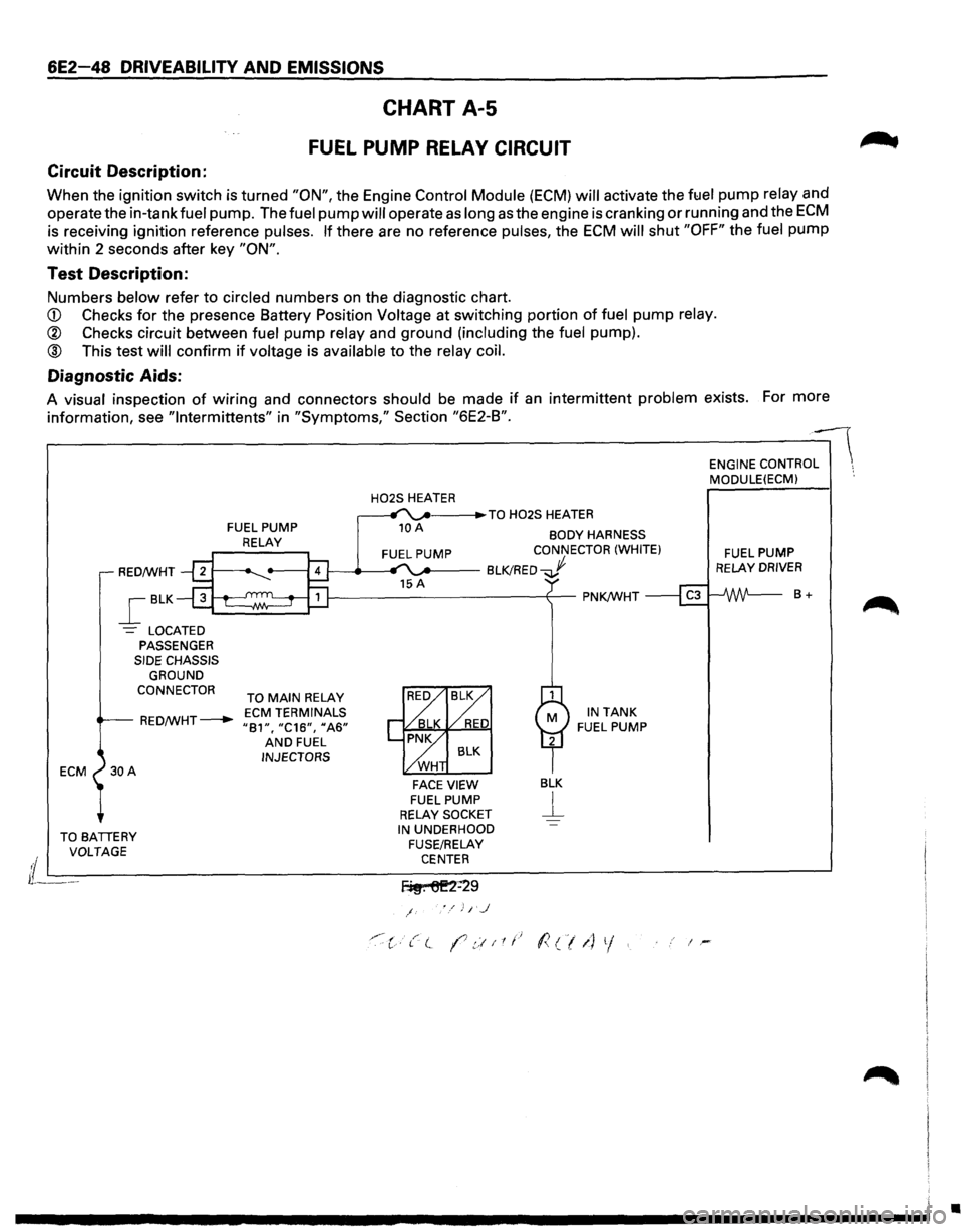 ISUZU TROOPER 1995 Manual PDF 6E2-48 DRIVEABILITY AND EMISSIONS
CHART A-5
FUEL PUMP RELAY CIRCUIT
Circuit Description:
When the ignition switch is turned "ON", the Engine Control Module (ECM) will activate the ft:Jel pump ISUZU TROOPER 1995 Manual PDF 6E2-48 DRIVEABILITY AND EMISSIONS
CHART A-5
FUEL PUMP RELAY CIRCUIT
Circuit Description:
When the ignition switch is turned "ON", the Engine Control Module (ECM) will activate the ft:Jel pump