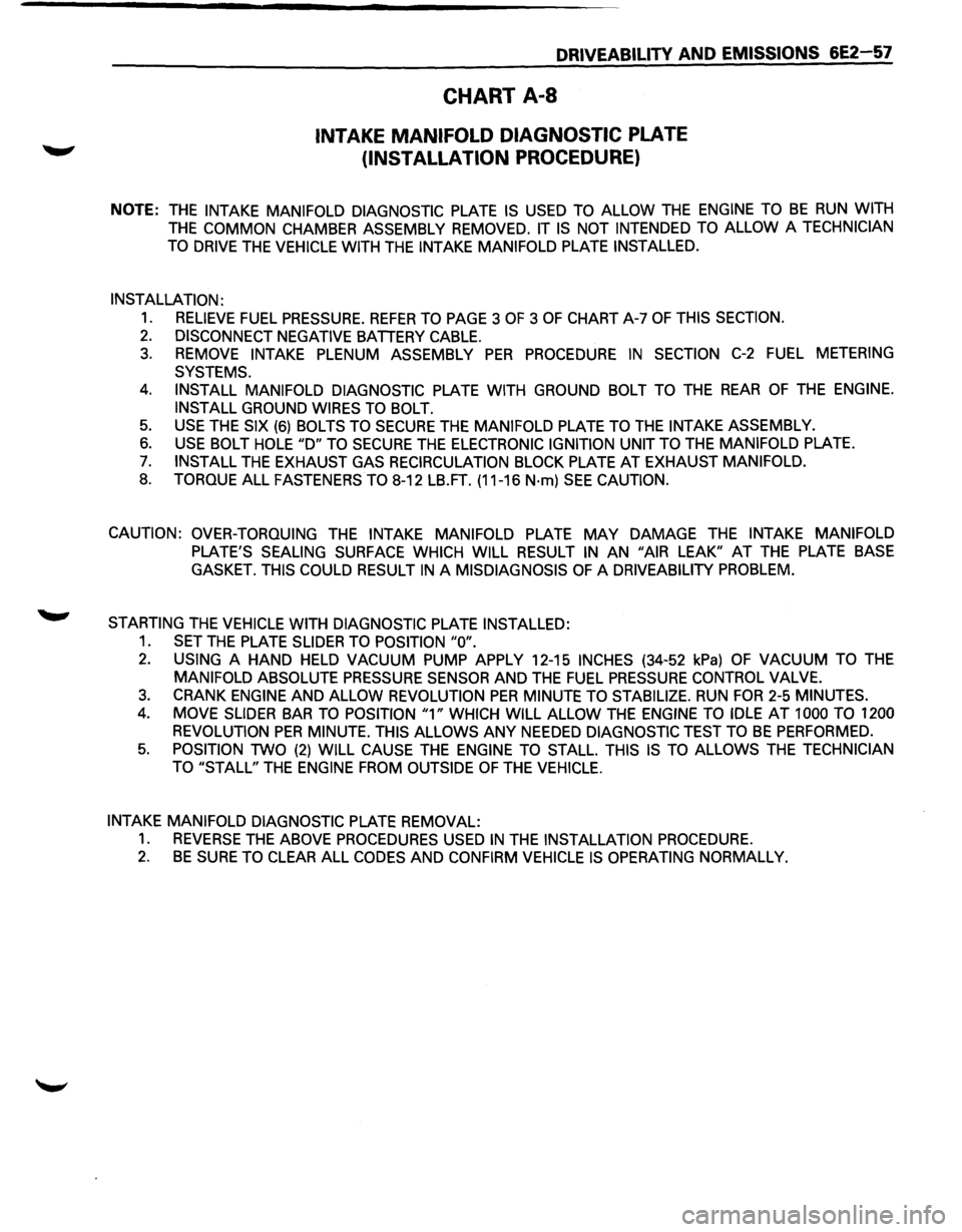 ISUZU TROOPER 1995 Owners Guide DRIVEABILITY AND EMISSIONS 6E2-57
CHART A-8
INTAKE MANIFOLD DIAGNOSTIC PLATE
(INSTALLATION PROCEDURE)
NOTE: THE INTAKE MANIFOLD DIAGNOSTIC PLATE IS USED TO ALLOW THE ENGINE TO BE RUN WITH
ISUZU TROOPER 1995 Owners Guide DRIVEABILITY AND EMISSIONS 6E2-57
CHART A-8
INTAKE MANIFOLD DIAGNOSTIC PLATE
(INSTALLATION PROCEDURE)
NOTE: THE INTAKE MANIFOLD DIAGNOSTIC PLATE IS USED TO ALLOW THE ENGINE TO BE RUN WITH