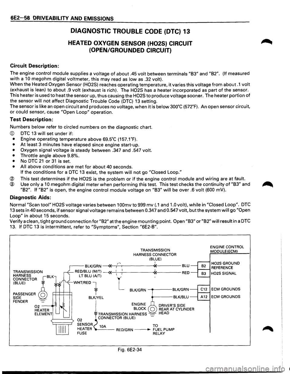 ISUZU TROOPER 1995 Service Manual 6E2-58 DRIVEABILITY AND EMISSIONS
Circuit Description:
DIAGNOSTIC TROUBLE CODE (DTC) 13
HEATED OXYGEN SENSOR (H02S) CIRCUIT
(OPEN/GROUNDED CIRCUIT)
The engine control module supplies a voltag ISUZU TROOPER 1995 Service Manual 6E2-58 DRIVEABILITY AND EMISSIONS
Circuit Description:
DIAGNOSTIC TROUBLE CODE (DTC) 13
HEATED OXYGEN SENSOR (H02S) CIRCUIT
(OPEN/GROUNDED CIRCUIT)
The engine control module supplies a voltag