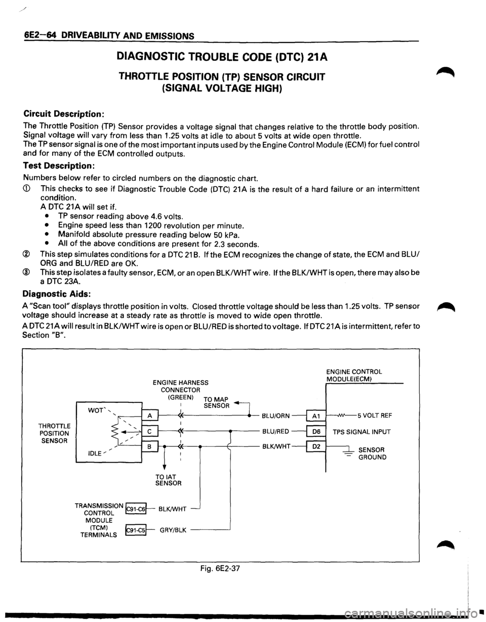 ISUZU TROOPER 1995 Repair Manual /
6E2-64 DRIVEABILITY AND EMISSIONS
Circuit Description:
DIAGNOSTIC TROUBLE CODE (DTC) 21A
THROTTLE POSITION (TP) SENSOR CIRCUIT
(SIGNAL
VOLTAGE HIGH)
The Throttle Position (TP) Sensor provid ISUZU TROOPER 1995 Repair Manual /
6E2-64 DRIVEABILITY AND EMISSIONS
Circuit Description:
DIAGNOSTIC TROUBLE CODE (DTC) 21A
THROTTLE POSITION (TP) SENSOR CIRCUIT
(SIGNAL
VOLTAGE HIGH)
The Throttle Position (TP) Sensor provid