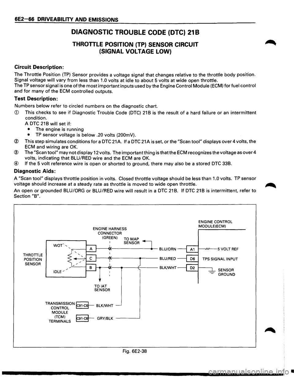 ISUZU TROOPER 1995 Repair Manual 6E2-66 DRIVEABILITV AND EMISSIONS
DIAGNOSTIC TROUBLE CODE (DTC) 21 8
THROTILE POSITION (TP) SENSOR CIRCUIT
(SIGNAL VOLTAGE LOW)
Circuit Description:
The Throttle Position (TP) Sensor provides ISUZU TROOPER 1995 Repair Manual 6E2-66 DRIVEABILITV AND EMISSIONS
DIAGNOSTIC TROUBLE CODE (DTC) 21 8
THROTILE POSITION (TP) SENSOR CIRCUIT
(SIGNAL VOLTAGE LOW)
Circuit Description:
The Throttle Position (TP) Sensor provides