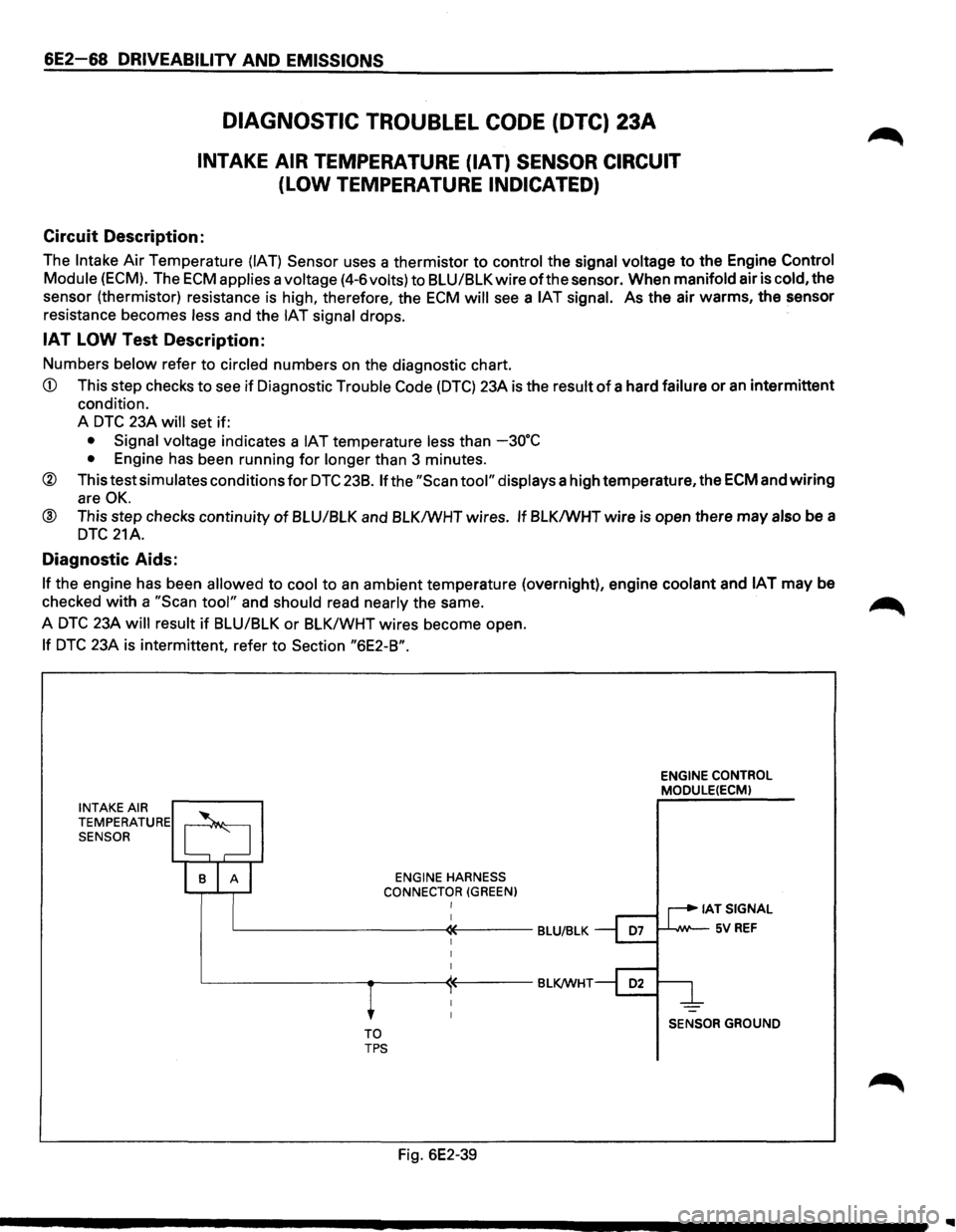 ISUZU TROOPER 1995 Repair Manual 6E2-68 DRIVEABILITV AND EMISSIONS
DIAGNOSTIC TROUBLEL CODE (DTC) 23A
INTAKE AIR TEMPERATURE {IAT) SENSOR CIRCUIT
(LOW TEMPERATURE INDICATED)
Circuit Description:
The Intake Air Temperature (I ISUZU TROOPER 1995 Repair Manual 6E2-68 DRIVEABILITV AND EMISSIONS
DIAGNOSTIC TROUBLEL CODE (DTC) 23A
INTAKE AIR TEMPERATURE {IAT) SENSOR CIRCUIT
(LOW TEMPERATURE INDICATED)
Circuit Description:
The Intake Air Temperature (I