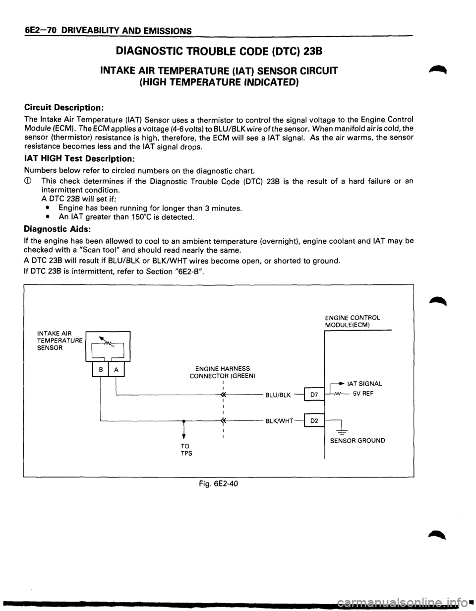 ISUZU TROOPER 1995 Repair Manual 6E2-70 DRIVEABILITV AND EMISSIONS
DIAGNOSTIC TROUBLE CODE (DTC) 238
INTAKE AIR TEMPERATURE (IAT) SENSOR CIRCUIT
(HIGH
TEMPERATURE INDICATED)
Circuit Description:
The Intake Air Temperature (I ISUZU TROOPER 1995 Repair Manual 6E2-70 DRIVEABILITV AND EMISSIONS
DIAGNOSTIC TROUBLE CODE (DTC) 238
INTAKE AIR TEMPERATURE (IAT) SENSOR CIRCUIT
(HIGH
TEMPERATURE INDICATED)
Circuit Description:
The Intake Air Temperature (I