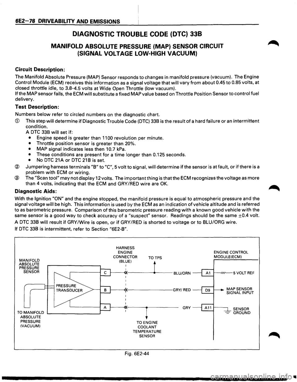 ISUZU TROOPER 1995 User Guide 6E2-78 DRIVEABILITV AND EMISSIONS 
DIAGNOSTIC TROUBLE CODE (DTC) 338 
MANIFOLD  ABSOLUTE  PRESSURE (MAP) SENSOR CIRCUIT 
(SIGNAL 
VOLTAGE LOW-HIGH VACUUM) 
Circuit Description: 
The Manifold  Absolute