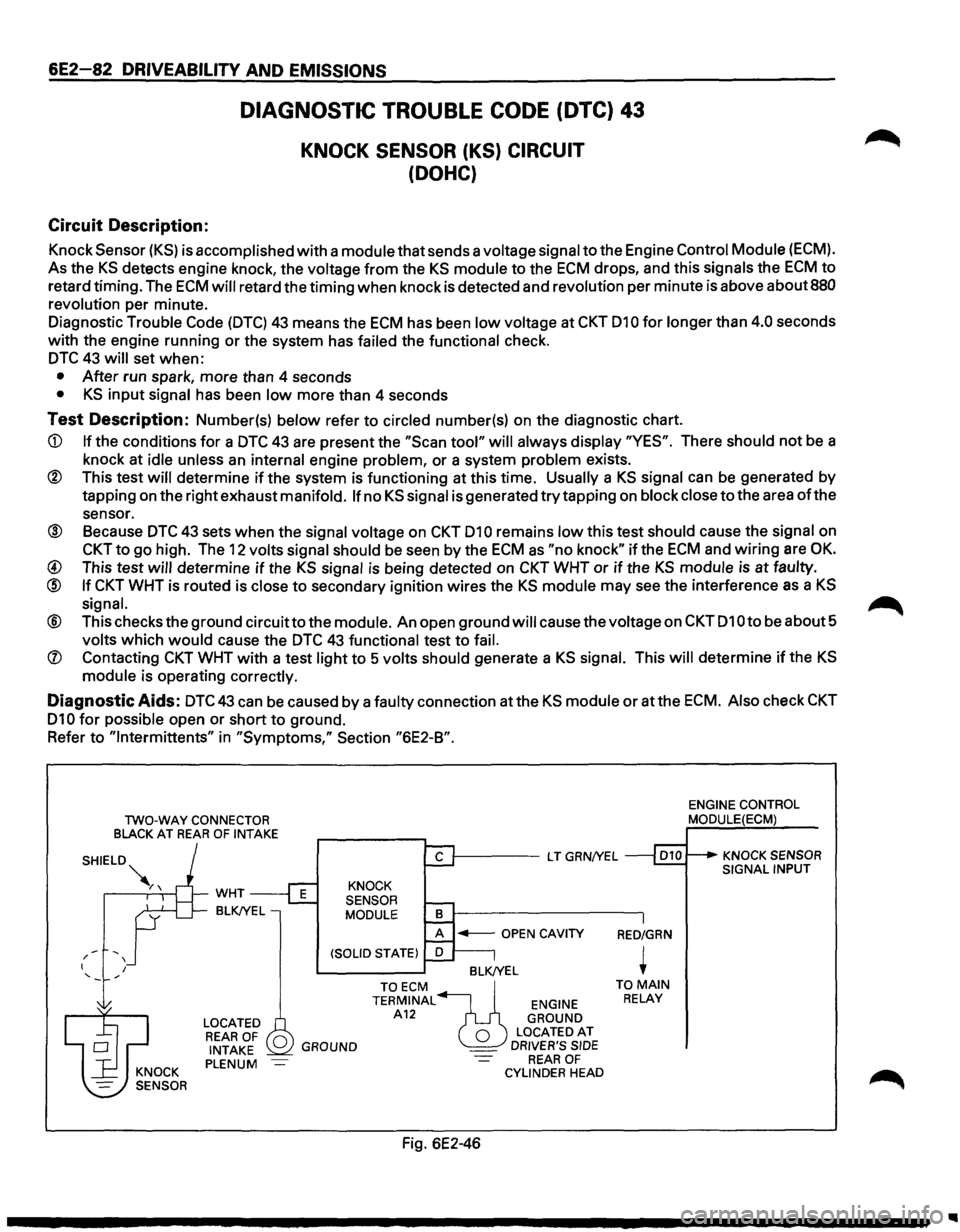 ISUZU TROOPER 1995 Repair Manual 6E2-82 DRIVEABILITY AND EMISSIONS
Circuit Description:
DIAGNOSTIC TROUBLE CODE (DTC) 43
KNOCK SENSOR (KS) CIRCUIT
(DOHC)
Knock Sensor (KS) is accomplished with a module that sends a voltage ISUZU TROOPER 1995 Repair Manual 6E2-82 DRIVEABILITY AND EMISSIONS
Circuit Description:
DIAGNOSTIC TROUBLE CODE (DTC) 43
KNOCK SENSOR (KS) CIRCUIT
(DOHC)
Knock Sensor (KS) is accomplished with a module that sends a voltage