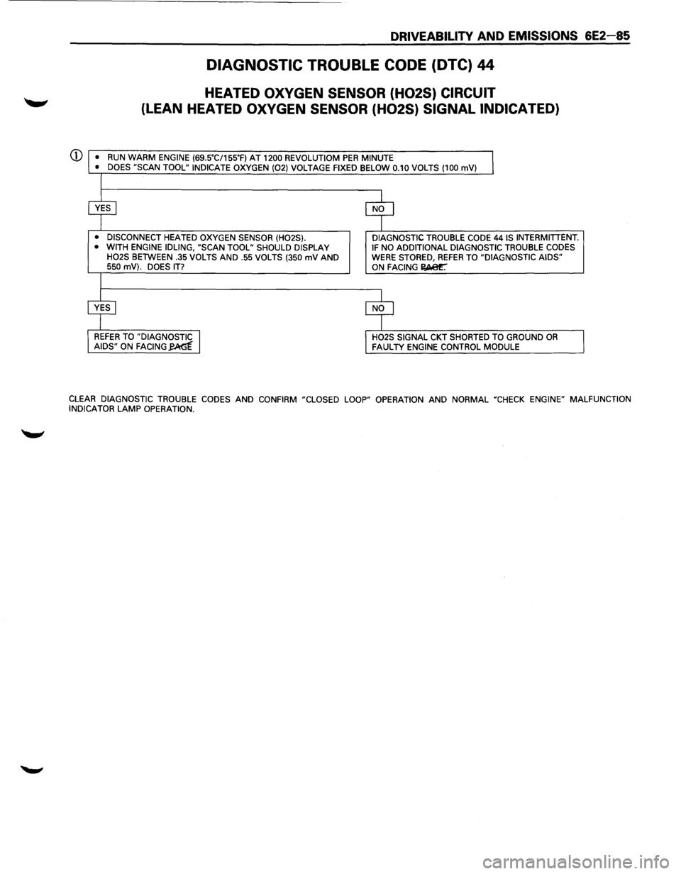 ISUZU TROOPER 1995 Repair Manual DRIVEABILITY AND EMISSIONS 6E2-85
DIAGNOSTIC TROUBLE CODE (DTC) 44
HEATED OXYGEN SENSOR (H02S) CIRCUIT
(LEAN HEATED OXYGEN SENSOR (H02S) SIGNAL INDICATED)
(j) •
RUN WARM ENGINE (69SC/155F) ISUZU TROOPER 1995 Repair Manual DRIVEABILITY AND EMISSIONS 6E2-85
DIAGNOSTIC TROUBLE CODE (DTC) 44
HEATED OXYGEN SENSOR (H02S) CIRCUIT
(LEAN HEATED OXYGEN SENSOR (H02S) SIGNAL INDICATED)
(j) •
RUN WARM ENGINE (69SC/155F)