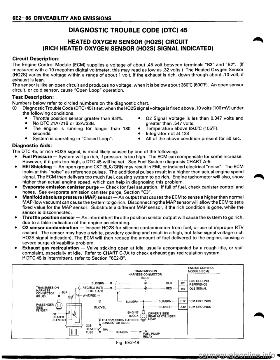 ISUZU TROOPER 1995 User Guide 6E2-86 DRIVEABILITY AND EMISSIONS
DIAGNOSTIC TROUBLE CODE (DTC) 45
HEATED OXYGEN SENSOR (H02S) CIRCUIT
(RICH
HEATED OXYGEN SENSOR (H02S) SIGNAL INDICATED)
Circuit Description:
The Engine Contr ISUZU TROOPER 1995 User Guide 6E2-86 DRIVEABILITY AND EMISSIONS
DIAGNOSTIC TROUBLE CODE (DTC) 45
HEATED OXYGEN SENSOR (H02S) CIRCUIT
(RICH
HEATED OXYGEN SENSOR (H02S) SIGNAL INDICATED)
Circuit Description:
The Engine Contr