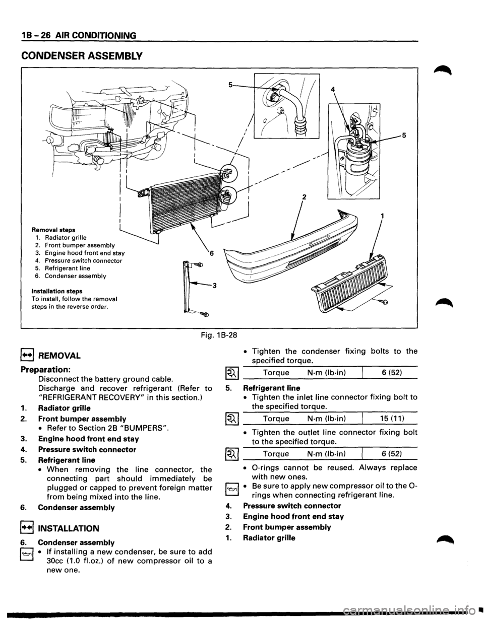 ISUZU TROOPER 1995 User Guide 1 B -26 AIR CONDITIONING 
CONDENSER  ASSEMBLY 
Removal steps 1. Radiator grille 
2. Front bumper assembly 3. Engine hood front end stay 
4. Pressure switch connector 5. Refrigerant  line 
6. Condenser