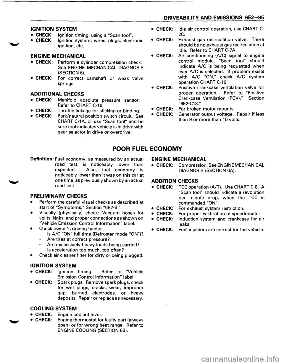 ISUZU TROOPER 1995 Owners Manual IGNITION SYSTEM
• CHECK: Ignition timing, using a "Scan tool".
• CHECK: Ignition system; wires, plugs, electronic
ignition, etc.
ENGINE MECHANICAL
• CHECK: Perform a cylinder compression ISUZU TROOPER 1995 Owners Manual IGNITION SYSTEM
• CHECK: Ignition timing, using a "Scan tool".
• CHECK: Ignition system; wires, plugs, electronic
ignition, etc.
ENGINE MECHANICAL
• CHECK: Perform a cylinder compression