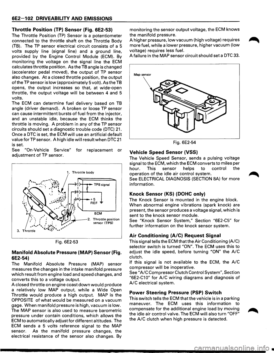 ISUZU TROOPER 1995 Repair Manual 6E2-1 02 DRIVEABILITV AND EMISSIONS
Throttle Position (TP) Sensor (Fig. 6E2-53)
The Throttle Position (TP) Sensor is a potentiometer
connected to the throttle shaft on the Throttle Body
(TB ISUZU TROOPER 1995 Repair Manual 6E2-1 02 DRIVEABILITV AND EMISSIONS
Throttle Position (TP) Sensor (Fig. 6E2-53)
The Throttle Position (TP) Sensor is a potentiometer
connected to the throttle shaft on the Throttle Body
(TB