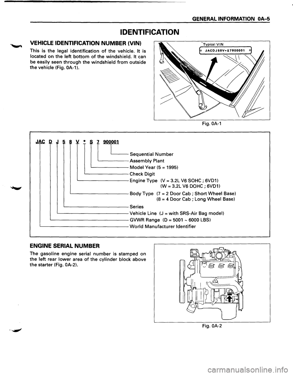 ISUZU TROOPER 1995 Workshop Manual IDENTIFICATION
VEHICLE IDENTIFICATION NUMBER (VIN)
This is the legal identification of the vehicle. It is
located
on the left bottom of the windshield. It can
be easily seen
through the win ISUZU TROOPER 1995 Workshop Manual IDENTIFICATION
VEHICLE IDENTIFICATION NUMBER (VIN)
This is the legal identification of the vehicle. It is
located
on the left bottom of the windshield. It can
be easily seen
through the win