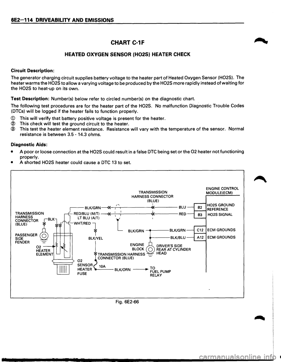 ISUZU TROOPER 1995 Owners Manual 6E2-114 DRIVEABILITY AND EMISSIONS
CHART C-1F
HEATED OXYGEN SENSOR (H02S} HEATER CHECK
Circuit Description:
The generator charging circuit supplies battery voltage to the heater part of Heated ISUZU TROOPER 1995 Owners Manual 6E2-114 DRIVEABILITY AND EMISSIONS
CHART C-1F
HEATED OXYGEN SENSOR (H02S} HEATER CHECK
Circuit Description:
The generator charging circuit supplies battery voltage to the heater part of Heated