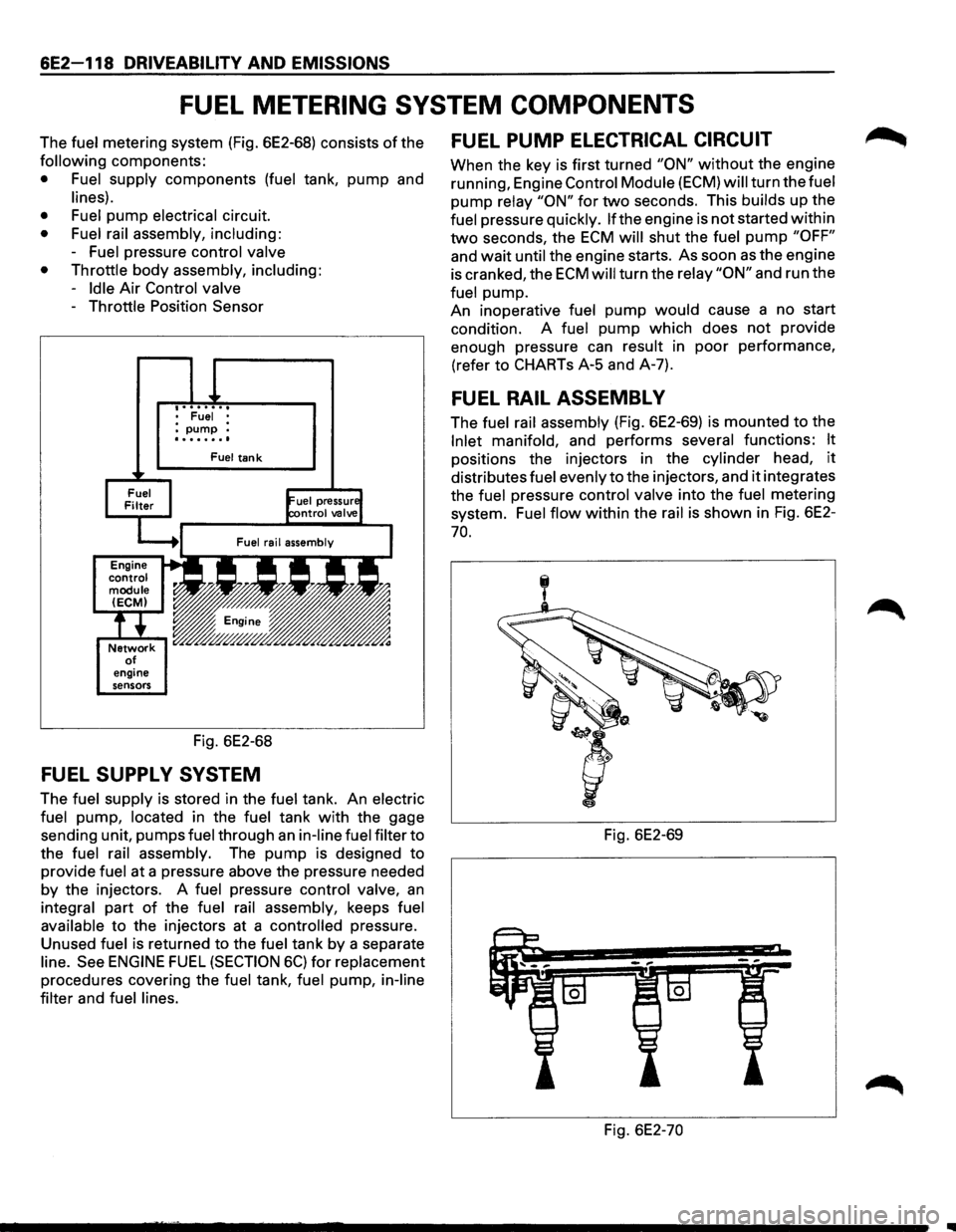 ISUZU TROOPER 1995 Repair Manual 6E2-118 DRIVEABILITV AND EMISSIONS
FUEL METERING SYSTEM COMPONENTS
The fuel metering system (Fig. 6E2-68) consists of the
following components:
• Fuel supply components (fuel tank, pump and ISUZU TROOPER 1995 Repair Manual 6E2-118 DRIVEABILITV AND EMISSIONS
FUEL METERING SYSTEM COMPONENTS
The fuel metering system (Fig. 6E2-68) consists of the
following components:
• Fuel supply components (fuel tank, pump and