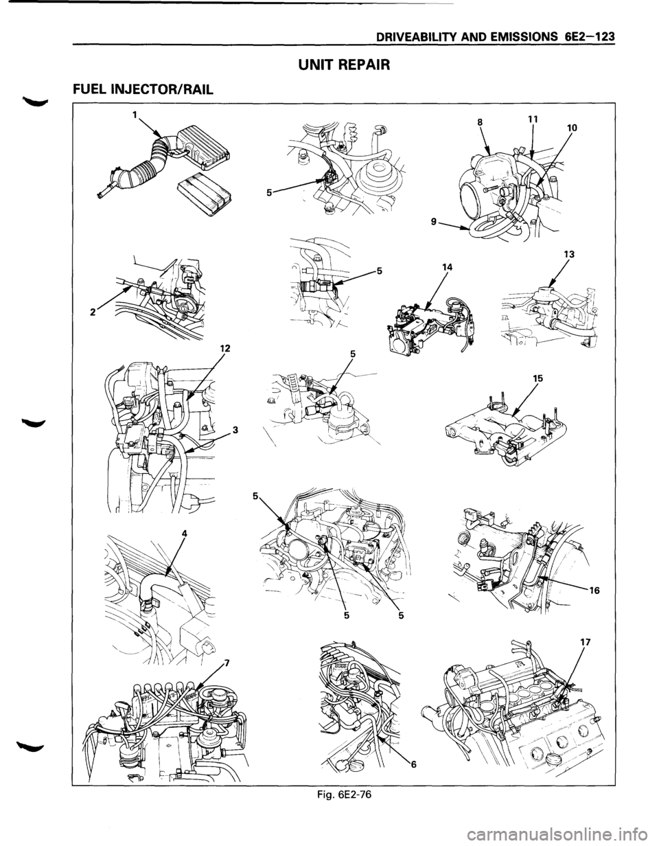 ISUZU TROOPER 1995 Workshop Manual DRIVEABILITY AND EMISSIONS 6E2-123
UNIT REPAIR
FUEL INJECTOR/RAIL
1 11
5
9
13
5 14
2 12 5
15
3
6
Fig. 6E2-76 ISUZU TROOPER 1995 Workshop Manual DRIVEABILITY AND EMISSIONS 6E2-123
UNIT REPAIR
FUEL INJECTOR/RAIL
1 11
5
9
13
5 14
2 12 5
15
3
6
Fig. 6E2-76