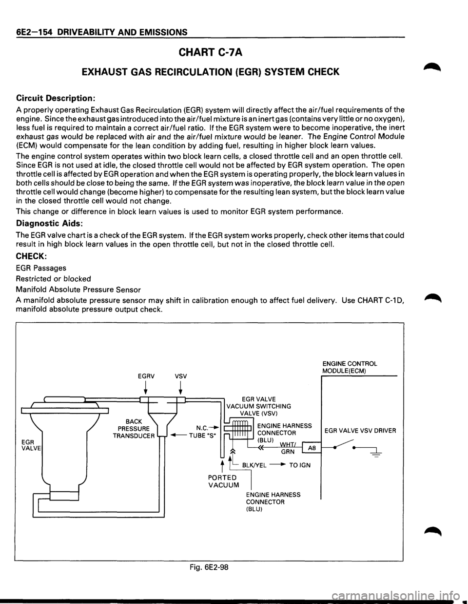ISUZU TROOPER 1995 Workshop Manual 6E2-154 DRIVEABILITY AND EMISSIONS
CHART C-7A
EXHAUST GAS RECIRCULATION (EGR) SYSTEM CHECK
Circuit Description:
A properly operating Exhaust Gas Recirculation (EGR) system will directly affect ISUZU TROOPER 1995 Workshop Manual 6E2-154 DRIVEABILITY AND EMISSIONS
CHART C-7A
EXHAUST GAS RECIRCULATION (EGR) SYSTEM CHECK
Circuit Description:
A properly operating Exhaust Gas Recirculation (EGR) system will directly affect