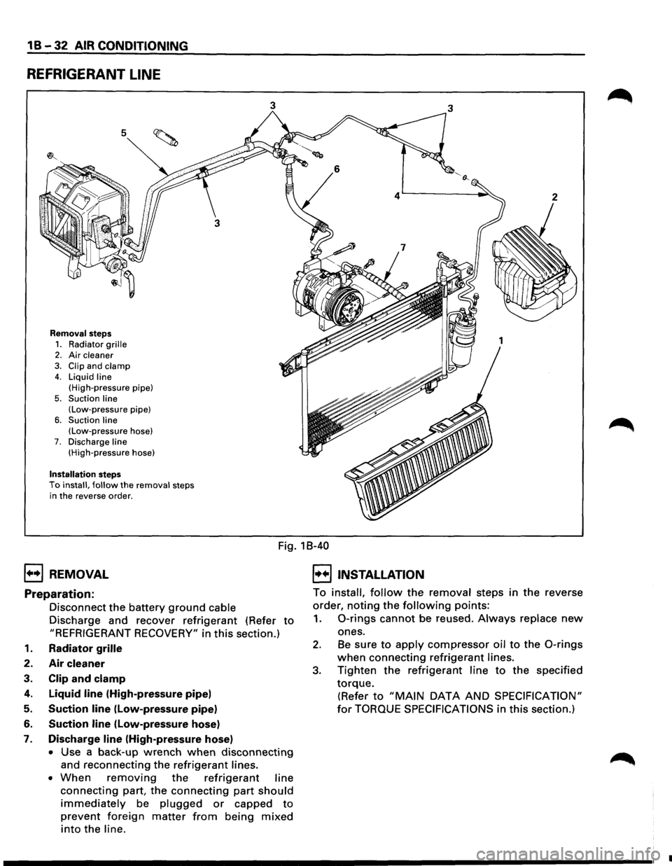 ISUZU TROOPER 1995 User Guide 1 B -32 AIR CONDITIONING 
REFRIGERANT LINE 
5 
Removal steps 
1. Radiator grille 2. Air cleaner 
3. Clip and clamp 4. Liquid  line 
(High-pressure  pipe) 
5. Suction line (Low-pressure pipe) 
6. Sucti