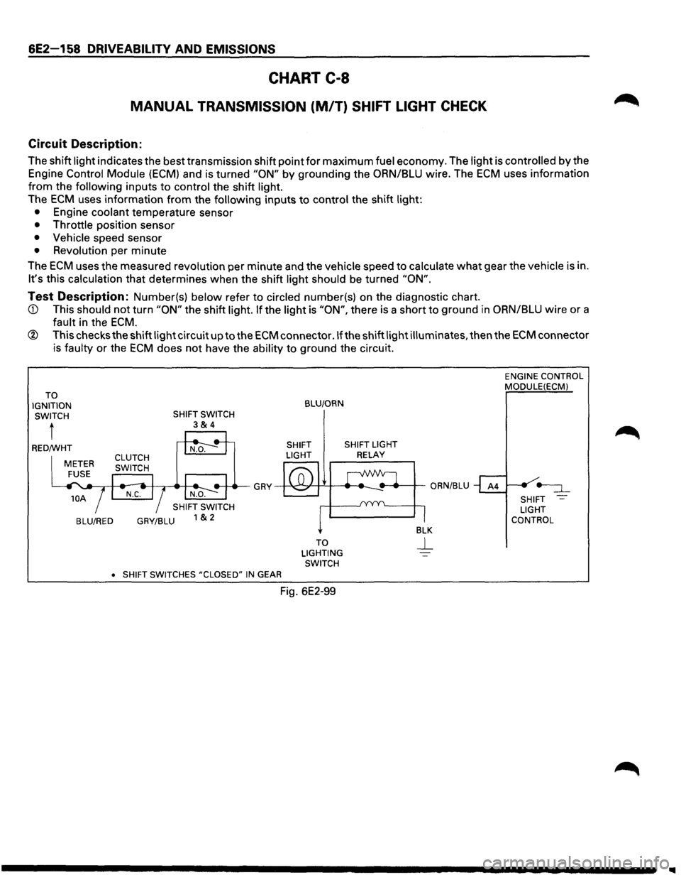ISUZU TROOPER 1995 Manual PDF 6E2-158 DRIVEABILITV AND EMISSIONS
CHART C-8
MANUAL TRANSMISSION (M/T) SHIFT LIGHT CHECK
Circuit Description:
The shift light indicates the best transmission shift point for maximum fuel econo ISUZU TROOPER 1995 Manual PDF 6E2-158 DRIVEABILITV AND EMISSIONS
CHART C-8
MANUAL TRANSMISSION (M/T) SHIFT LIGHT CHECK
Circuit Description:
The shift light indicates the best transmission shift point for maximum fuel econo