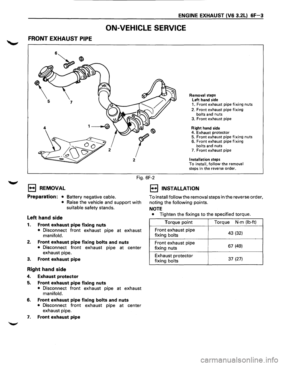 ISUZU TROOPER 1995 Workshop Manual ENGINE EXHAUST (V6 3.2L) &F-3
ON-VEHICLE SERVICE
FRONT EXHAUST PIPE
2
Removal steps
Left hand side
1.
Front exhaust pipe fixing nuts
2. Front exhaust pipe fixing
bolts and nuts
3. Fr ISUZU TROOPER 1995 Workshop Manual ENGINE EXHAUST (V6 3.2L) &F-3
ON-VEHICLE SERVICE
FRONT EXHAUST PIPE
2
Removal steps
Left hand side
1.
Front exhaust pipe fixing nuts
2. Front exhaust pipe fixing
bolts and nuts
3. Fr