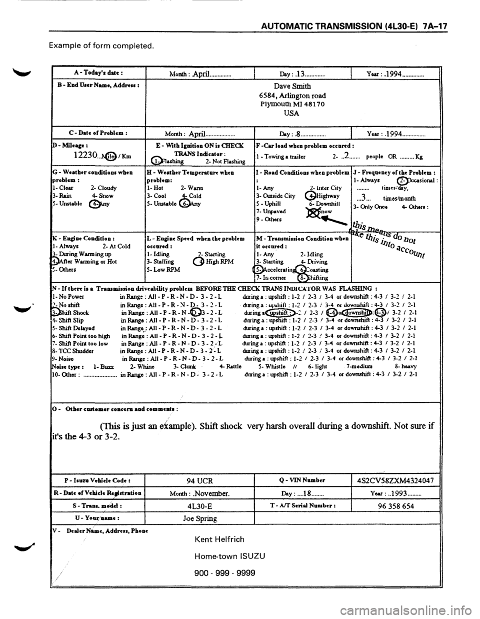 ISUZU TROOPER 1995 Workshop Manual AUTOMATIC TRANSMISSION (4L30-E) 7A-17
Example of form completed.
A-Todays date : Month : April .............. Day: .13 ............. YOM: .1994 ..............
B-Ead U.er Name, Address : Dave Smith ISUZU TROOPER 1995 Workshop Manual AUTOMATIC TRANSMISSION (4L30-E) 7A-17
Example of form completed.
A-Todays date : Month : April .............. Day: .13 ............. YOM: .1994 ..............
B-Ead U.er Name, Address : Dave Smith