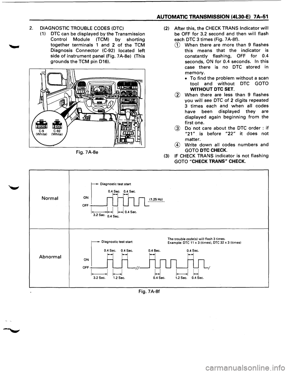 ISUZU TROOPER 1995 Repair Manual 2. DIAGNOSTIC TROUBLE CODES (DTC)
(1) DTC can be displayed by the Transmission
Control Module (TCM) by shorting
together terminals 1 and 2 of the TCM
Diagnosis Connector (C-92)
located left
ISUZU TROOPER 1995 Repair Manual 2. DIAGNOSTIC TROUBLE CODES (DTC)
(1) DTC can be displayed by the Transmission
Control Module (TCM) by shorting
together terminals 1 and 2 of the TCM
Diagnosis Connector (C-92)
located left