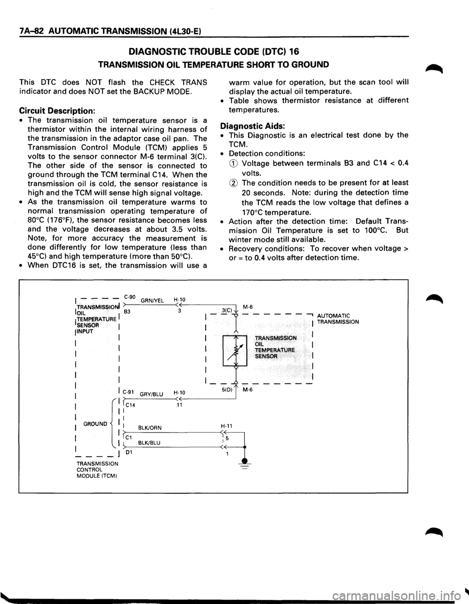 ISUZU TROOPER 1995 Owners Guide 7 A-82 AUTOMATIC TRANSMISSION (4L30-E)
DIAGNOSTIC TROUBLE CODE (DTC) 16
TRANSMISSION OIL TEMPERATURE SHORT TO GROUND
This DTC does NOT flash the CHECK TRANS
indicator and does NOT set the BACKUP ISUZU TROOPER 1995 Owners Guide 7 A-82 AUTOMATIC TRANSMISSION (4L30-E)
DIAGNOSTIC TROUBLE CODE (DTC) 16
TRANSMISSION OIL TEMPERATURE SHORT TO GROUND
This DTC does NOT flash the CHECK TRANS
indicator and does NOT set the BACKUP