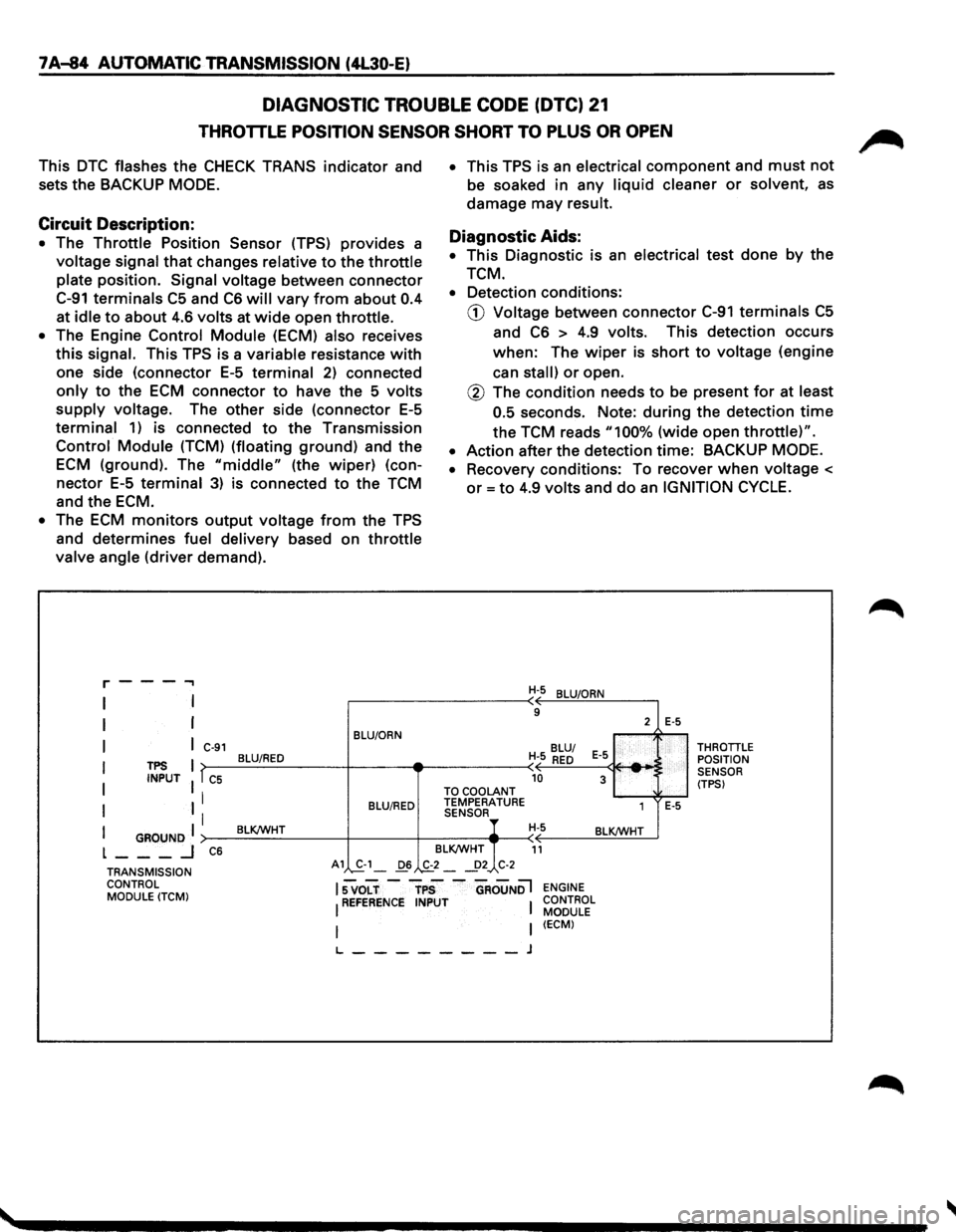 ISUZU TROOPER 1995 Owners Guide 7 A-84 AUTOMATIC TRANSMISSION (4L30-E)
DIAGNOSTIC TROUBLE CODE (DTC) 21
THROTTLE POSITION SENSOR SHORT TO PLUS OR OPEN
This DTC flashes the CHECK TRANS indicator and
sets
the BACKUP MODE.
Circui ISUZU TROOPER 1995 Owners Guide 7 A-84 AUTOMATIC TRANSMISSION (4L30-E)
DIAGNOSTIC TROUBLE CODE (DTC) 21
THROTTLE POSITION SENSOR SHORT TO PLUS OR OPEN
This DTC flashes the CHECK TRANS indicator and
sets
the BACKUP MODE.
Circui