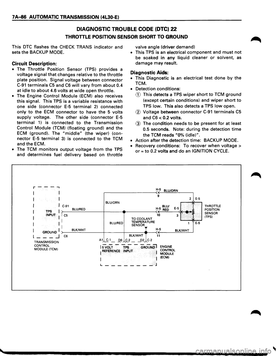 ISUZU TROOPER 1995 Owners Guide 7A-86 AUTOMATIC TRANSMISSION (4L30-E)
DIAGNOSTIC TROUBLE CODE (DTC) 22
THROTTLE POSITION SENSOR SHORT TO GROUND
This DTC flashes the CHECK TRANS indicator and
sets
the BACKUP MODE.
Circuit Des ISUZU TROOPER 1995 Owners Guide 7A-86 AUTOMATIC TRANSMISSION (4L30-E)
DIAGNOSTIC TROUBLE CODE (DTC) 22
THROTTLE POSITION SENSOR SHORT TO GROUND
This DTC flashes the CHECK TRANS indicator and
sets
the BACKUP MODE.
Circuit Des