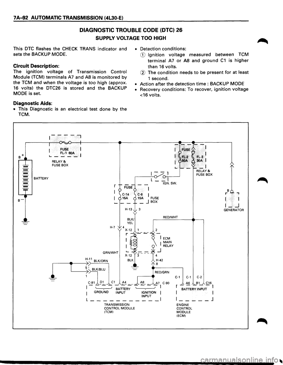 ISUZU TROOPER 1995 Owners Guide 7 A-92 AUTOMATIC TRANSMISSION (4L30-E)
DIAGNOSTIC TROUBLE CODE (DTC) 26
SUPPLY VOLTAGE TOO HIGH
This DTC flashes the CHECK TRANS indicator and
sets the
BACKUP MODE.
Circuit Description:
The ISUZU TROOPER 1995 Owners Guide 7 A-92 AUTOMATIC TRANSMISSION (4L30-E)
DIAGNOSTIC TROUBLE CODE (DTC) 26
SUPPLY VOLTAGE TOO HIGH
This DTC flashes the CHECK TRANS indicator and
sets the
BACKUP MODE.
Circuit Description:
The
