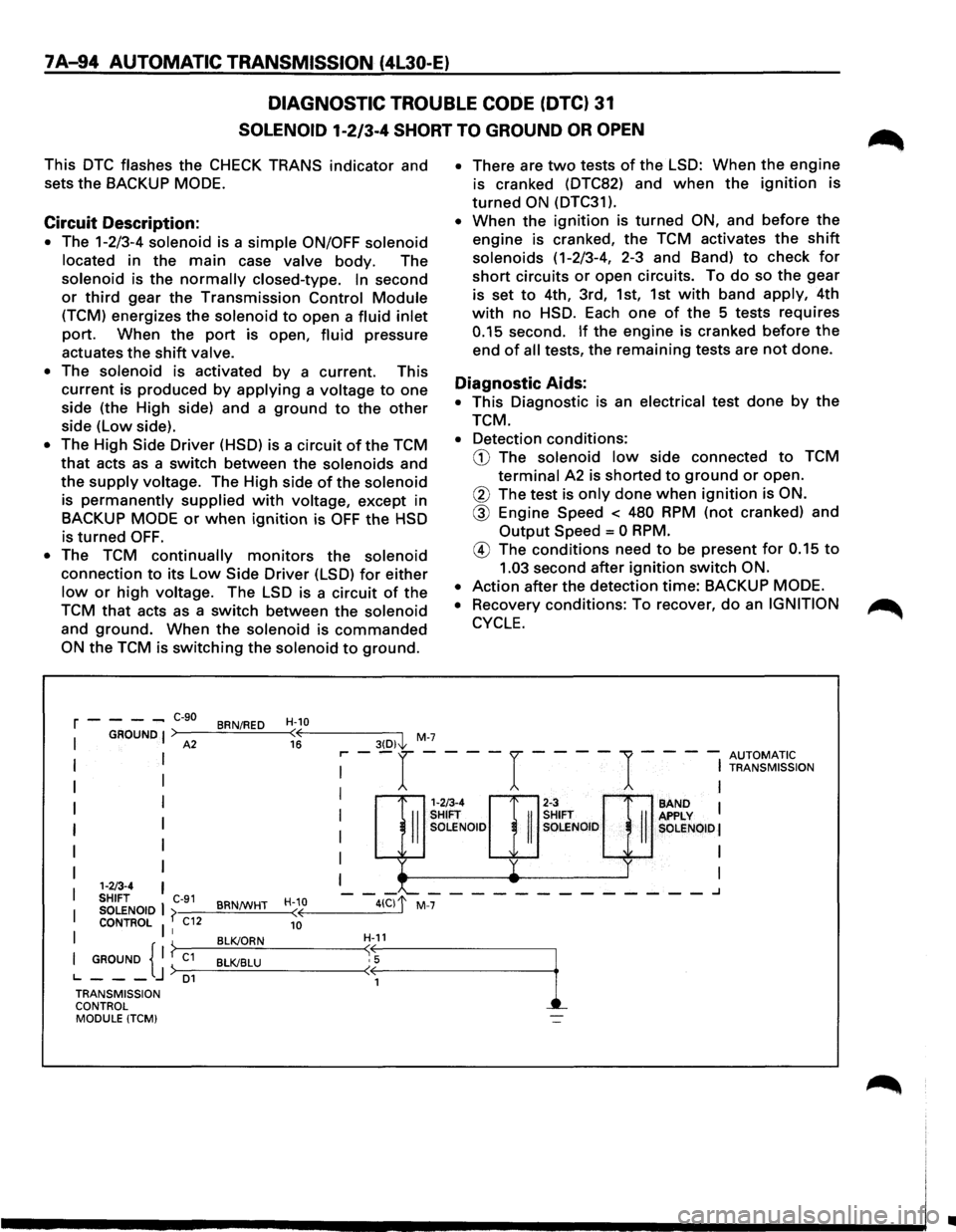 ISUZU TROOPER 1995 Owners Manual 7 A-94 AUTOMATIC TRANSMISSION (4l30-E)
DIAGNOSTIC TROUBLE CODE (DTC) 31
SOLENOID 1-2/3-4 SHORT TO GROUND OR OPEN
This DTC flashes the CHECK TRANS indicator and
sets
the BACKUP MODE.
Circuit De ISUZU TROOPER 1995 Owners Manual 7 A-94 AUTOMATIC TRANSMISSION (4l30-E)
DIAGNOSTIC TROUBLE CODE (DTC) 31
SOLENOID 1-2/3-4 SHORT TO GROUND OR OPEN
This DTC flashes the CHECK TRANS indicator and
sets
the BACKUP MODE.
Circuit De