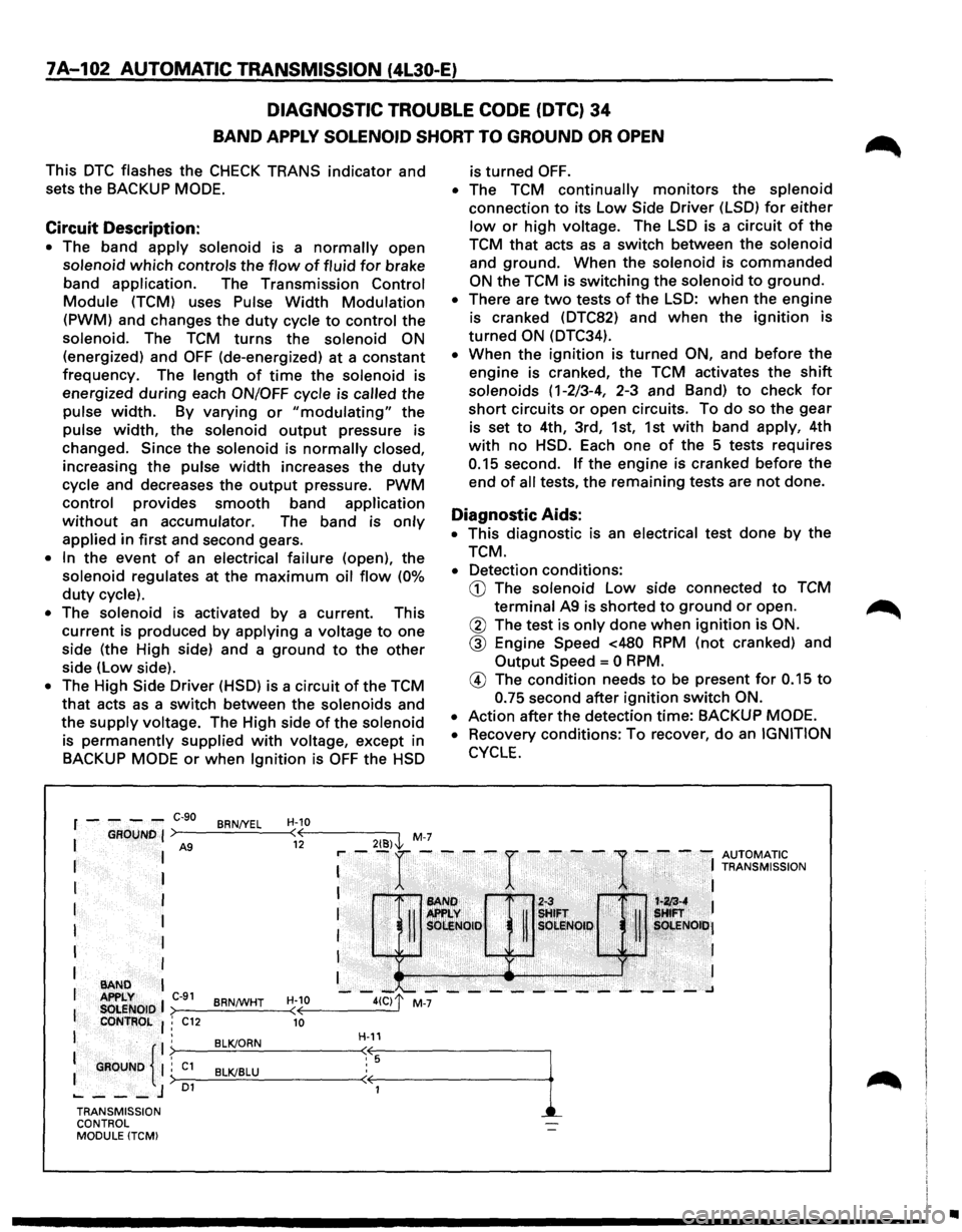 ISUZU TROOPER 1995 Owners Manual 7A-102 AUTOMATIC TRANSMISSION (4L30-E)
DIAGNOSTIC TROUBLE CODE
(DTC) 34
BAND APPLY SOLENOID SHORT TO GROUND OR OPEN
This DTC flashes the CHECK TRANS indicator and
sets the BACKUP
MODE.
C ISUZU TROOPER 1995 Owners Manual 7A-102 AUTOMATIC TRANSMISSION (4L30-E)
DIAGNOSTIC TROUBLE CODE
(DTC) 34
BAND APPLY SOLENOID SHORT TO GROUND OR OPEN
This DTC flashes the CHECK TRANS indicator and
sets the BACKUP
MODE.
C