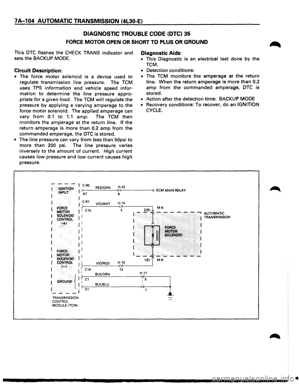 ISUZU TROOPER 1995 Service Manual 7A-104 AUTOMATIC TRANSMISSION (4L30-E)
DIAGNOSTIC TROUBLE CODE (DTC} 35
FORCE MOTOR OPEN OR SHORT TO PLUS OR GROUND
This DTC flashes the CHECK TRANS indicator and
sets the
BACKUP MODE.
Cir ISUZU TROOPER 1995 Service Manual 7A-104 AUTOMATIC TRANSMISSION (4L30-E)
DIAGNOSTIC TROUBLE CODE (DTC} 35
FORCE MOTOR OPEN OR SHORT TO PLUS OR GROUND
This DTC flashes the CHECK TRANS indicator and
sets the
BACKUP MODE.
Cir