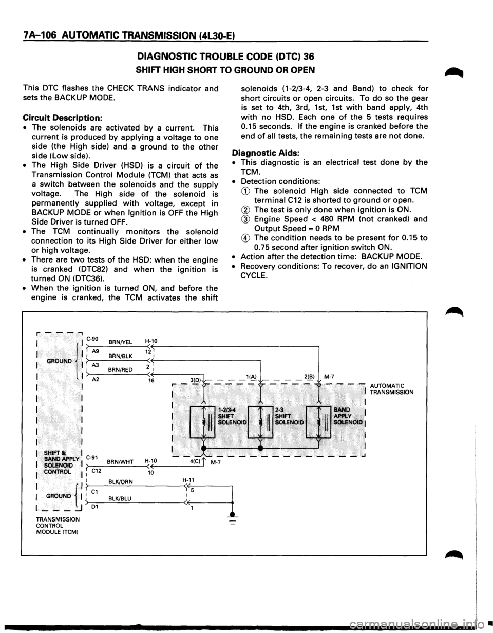 ISUZU TROOPER 1995 Service Manual 7A-106 AUTOMATIC TRANSMISSION (4l30-E)
DIAGNOSTIC TROUBLE CODE (DTC) 36
SHIFT HIGH SHORT TO GROUND OR OPEN
This DTC flashes the CHECK TRANS indicator and
sets the BACKUP
MODE.
Circuit Descri ISUZU TROOPER 1995 Service Manual 7A-106 AUTOMATIC TRANSMISSION (4l30-E)
DIAGNOSTIC TROUBLE CODE (DTC) 36
SHIFT HIGH SHORT TO GROUND OR OPEN
This DTC flashes the CHECK TRANS indicator and
sets the BACKUP
MODE.
Circuit Descri