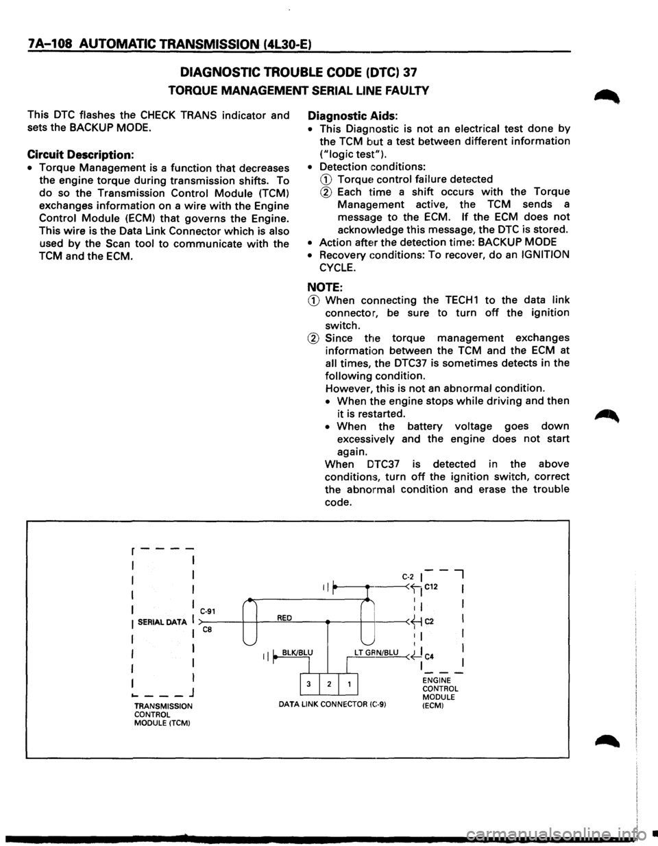 ISUZU TROOPER 1995 Service Manual 7A-108 AUTOMATIC TRANSMISSION (4l30·E)
DIAGNOSTIC TROUBLE CODE (DTC) 37
TORQUE MANAGEMENT SERIAL LINE FAULTY
This DTC flashes the CHECK TRANS indicator and
sets the
BACKUP MODE.
Circuit Descr ISUZU TROOPER 1995 Service Manual 7A-108 AUTOMATIC TRANSMISSION (4l30·E)
DIAGNOSTIC TROUBLE CODE (DTC) 37
TORQUE MANAGEMENT SERIAL LINE FAULTY
This DTC flashes the CHECK TRANS indicator and
sets the
BACKUP MODE.
Circuit Descr