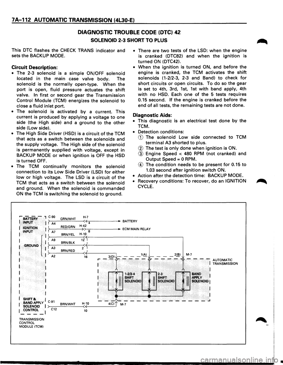 ISUZU TROOPER 1995 Owners Manual 7A-112 AUTOMATIC TRANSMISSION (4l30-E)
DIAGNOSTIC TROUBLE CODE (DTC) 42
SOLENOID 2-3 SHORT TO PLUS
This DTC flashes the CHECK TRANS indicator and
sets the BACKUP MODE.
Circuit Description: ISUZU TROOPER 1995 Owners Manual 7A-112 AUTOMATIC TRANSMISSION (4l30-E)
DIAGNOSTIC TROUBLE CODE (DTC) 42
SOLENOID 2-3 SHORT TO PLUS
This DTC flashes the CHECK TRANS indicator and
sets the BACKUP MODE.
Circuit Description: