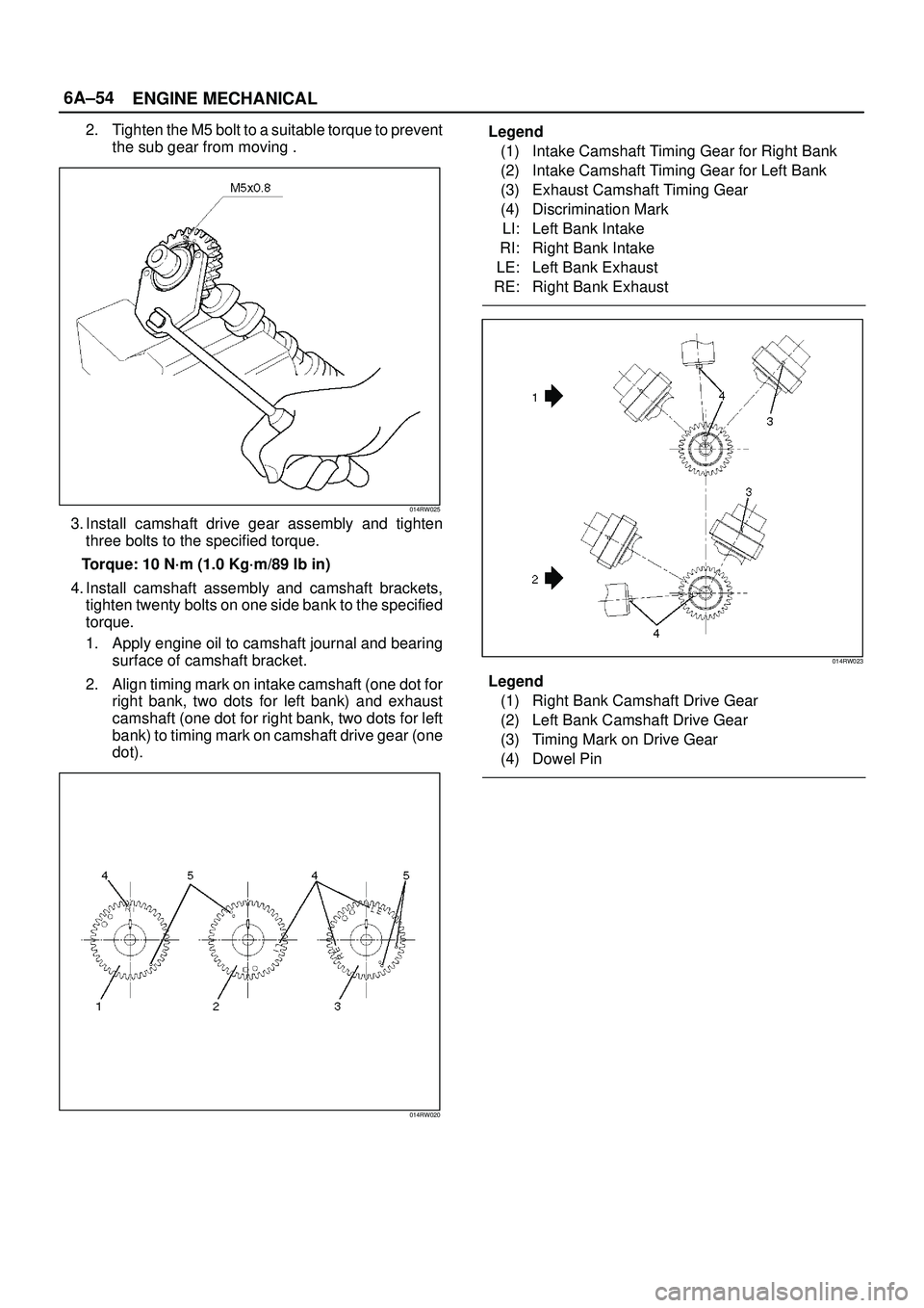 ISUZU TROOPER 1998  Service Repair Manual 6A±54
ENGINE MECHANICAL
2. Tighten the M5 bolt to a suitable torque to prevent
the sub gear from moving .
014RW025
3. Install camshaft drive gear assembly and tighten
three bolts to the specified tor