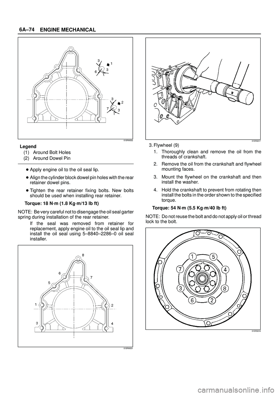 ISUZU TROOPER 1998  Service Service Manual 6A±74
ENGINE MECHANICAL
015RW002
Legend
(1) Around Bolt Holes
(2) Around Dowel Pin
Apply engine oil to the oil seal lip.
Align the cylinder block dowel pin holes with the rear
retainer dowel pins.
